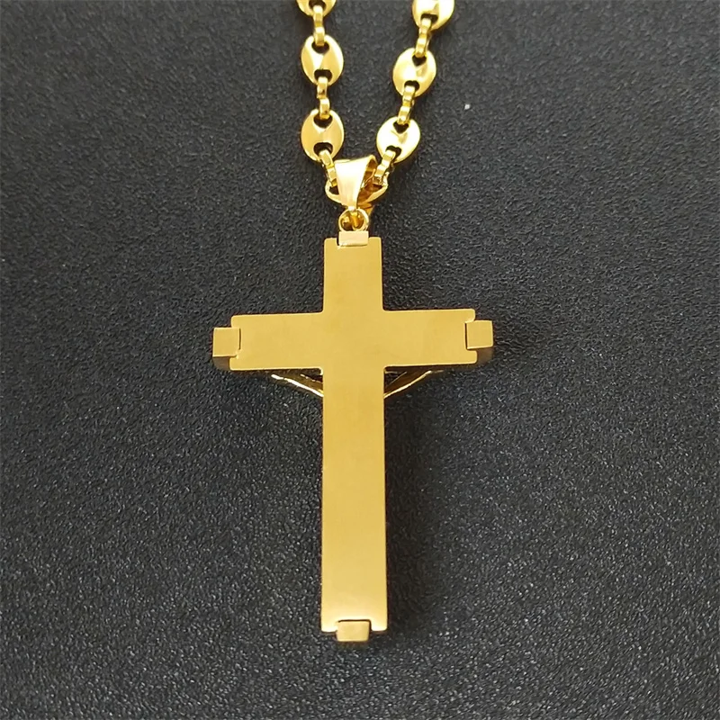 Jesus cruz crucifixo pingente colar para homens de aço inoxidável cor ouro cristão feijão de café corrente jóias cruz crétienne