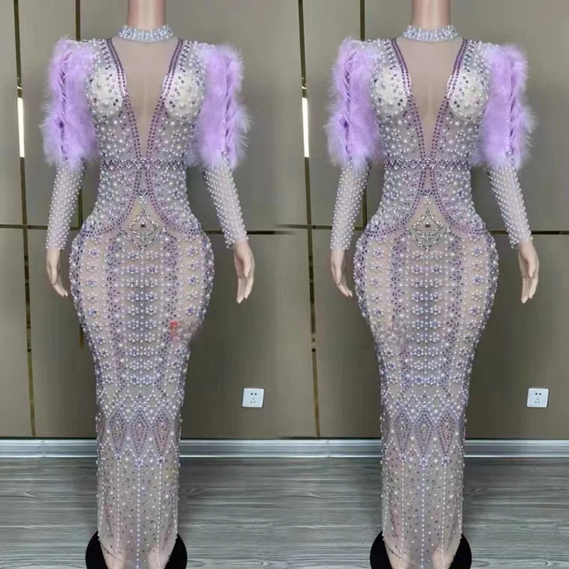 Luxury Purple Feather Full Diamond Stage Walk Show Gogo Female Singer Party Long Dress Bar Nightclub Guests Prom Birthday Wear