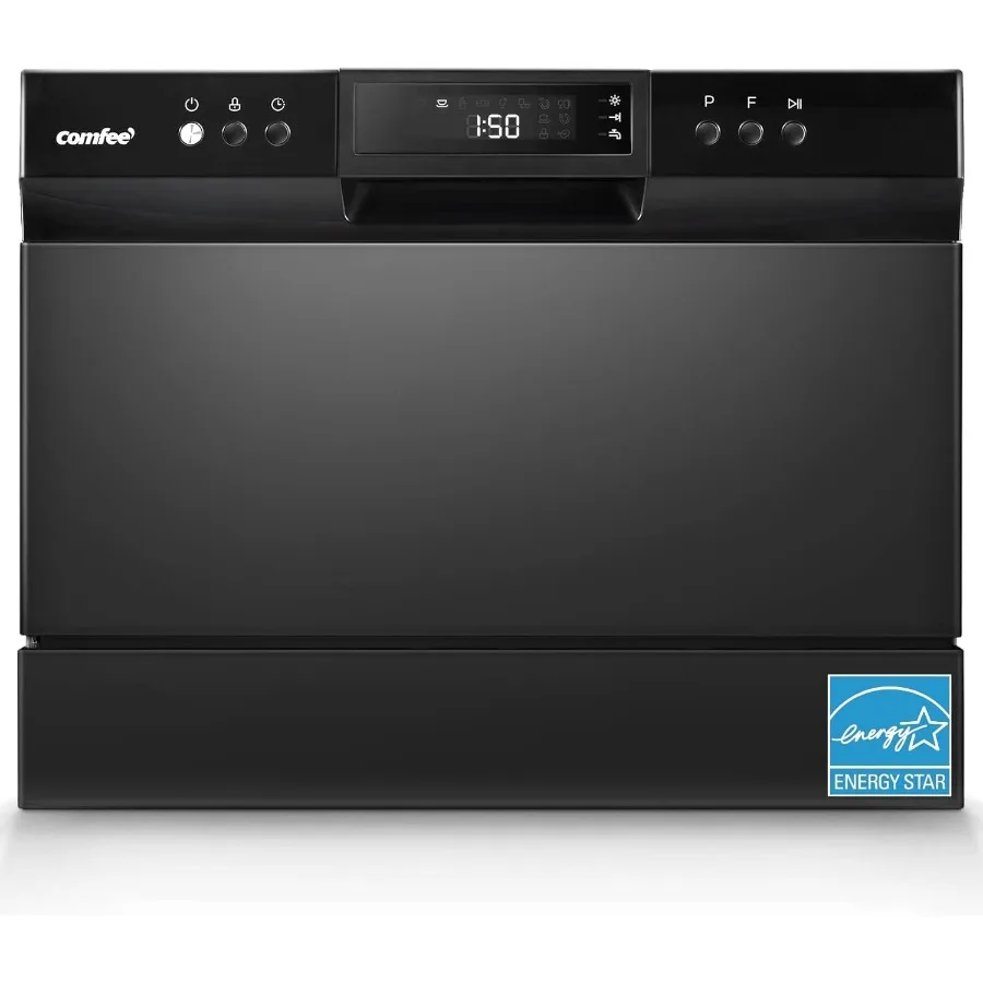 Portable Countertop Dishwasher for Dorm RV Apartment 6 Place Settings 8 Programs Speed Baby-Care ECO Glass Black Stainless Stee