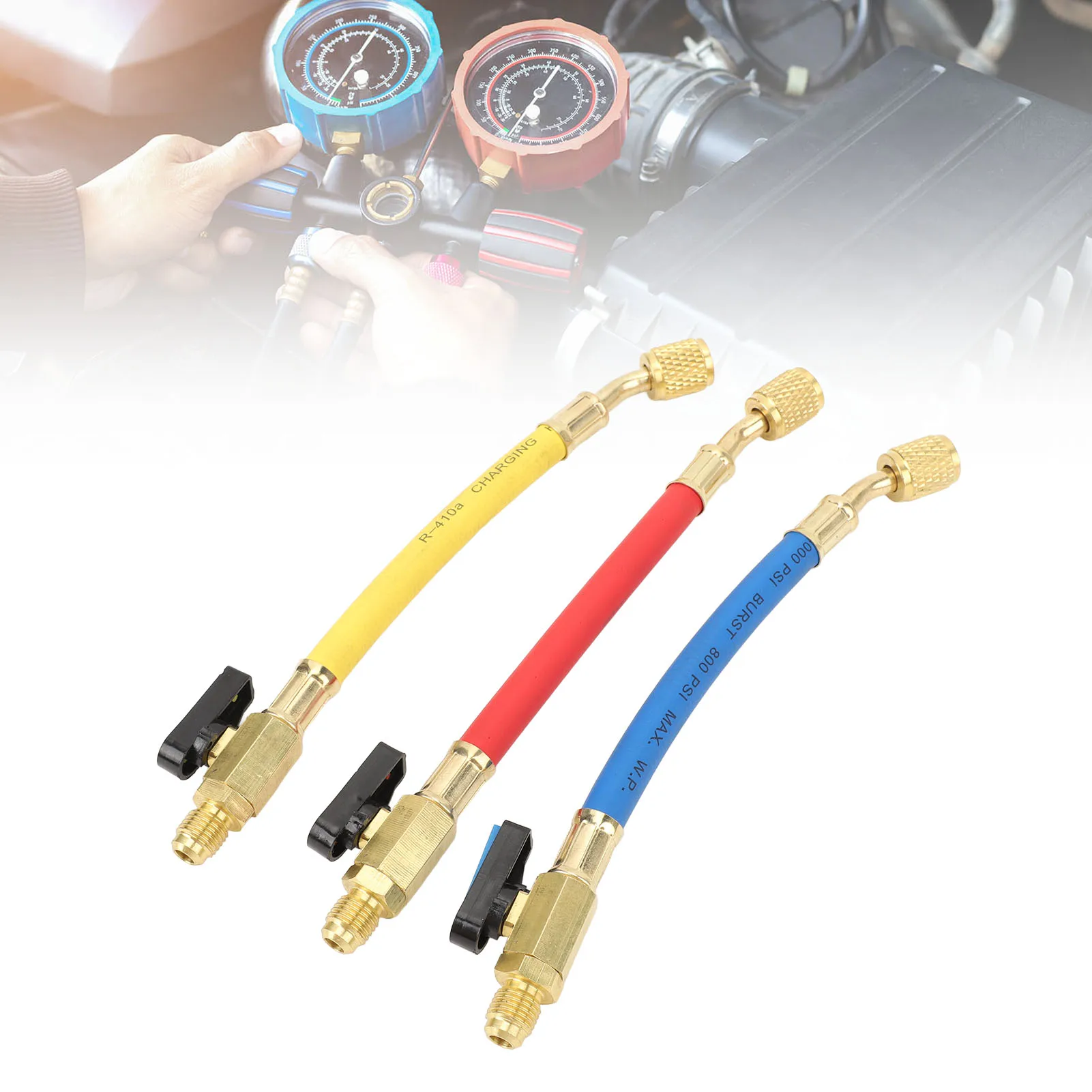 

Комплект манометрических шлангов для систем ОВКВ R134A, R410A, R22, R12 с шаровыми кранами, цветовой кодировка, для заправки холодильных систем и кондиционеров