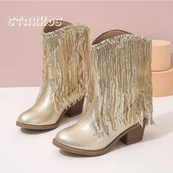 Luxury Gold Sequin Fringe Cowboy Boots Girls Autumn Knee High Western Booties Kid Premium Quality Heeled Point Toe Slip-on Botas