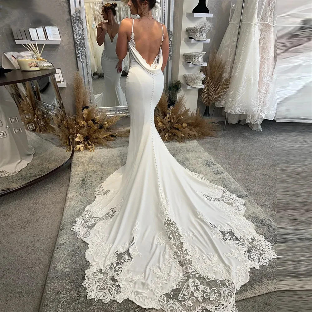 Haohao-vestido de novia blanco de crepé sin mangas con cuello en V profundo, traje de novia de encaje con tirantes finos y Espalda descubierta, hecho a medida, 2024