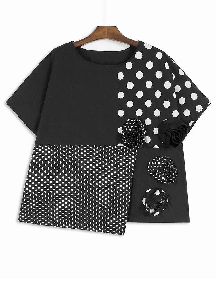 [EAM] Women Black Striped Dot Flower Big Size T-shirt New Round Neck Short Sleeve Fashion Tide Spring Summer 2024 1DH4878