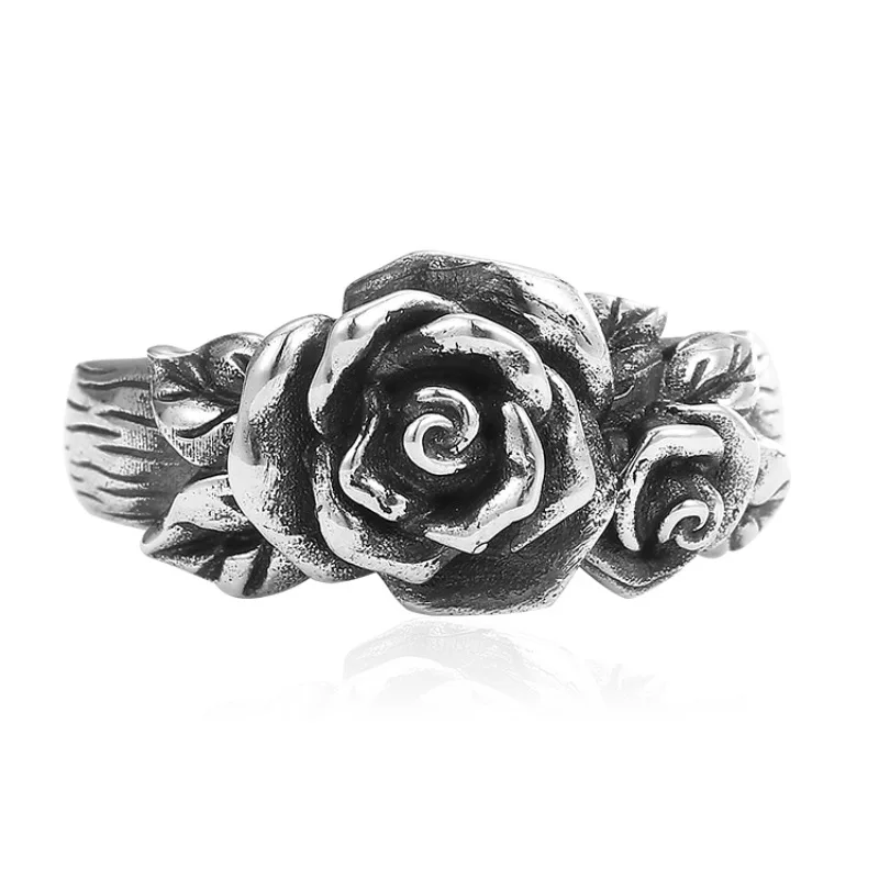 Buyee 925 Sterling Silver Flower Ring Finger Cute Rose Lover Couples Ring for Girl Woman Man Gray Ethnic Fine Jewelry Circle