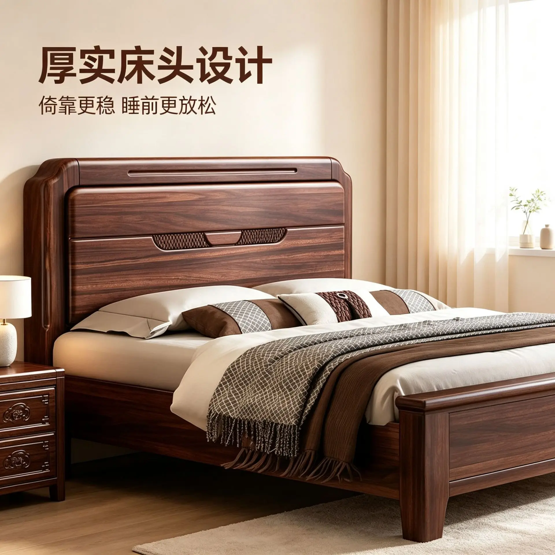 Oriental Zen all-solid wood bed, ebony widened end of the bed, rounded corners anti-collision, floor-to-ceiling wooden bed