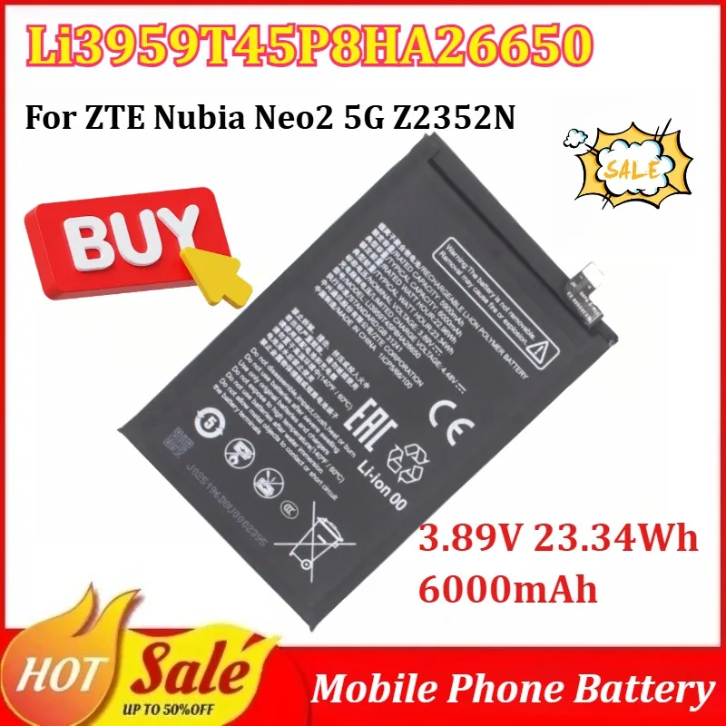 

New Li3959T45P8HA26650 3.89V 23.34Wh 6000mAh Mobile Phone Battery for ZTE Nubia Neo2 5G Z2352N Replacement Battery