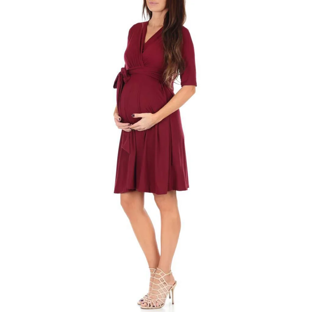 Maternity Drawstring Dress Maternity Clothes Summer Casual Pregnant Women Short Sleeve V-Neck Dress Vestidos Pregnancy Clothing