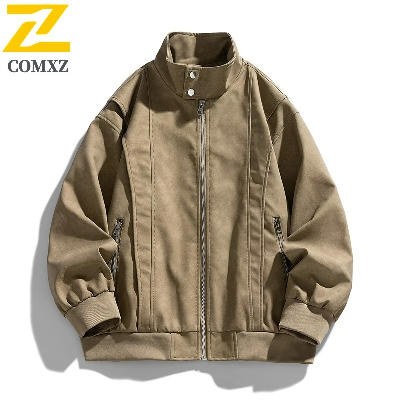 

COMXZ Autumn Mens Leather Jacket Premium Camping Scratch Resistant Leather Coats Vintage Streetwear Motorcycle Leather Jackets