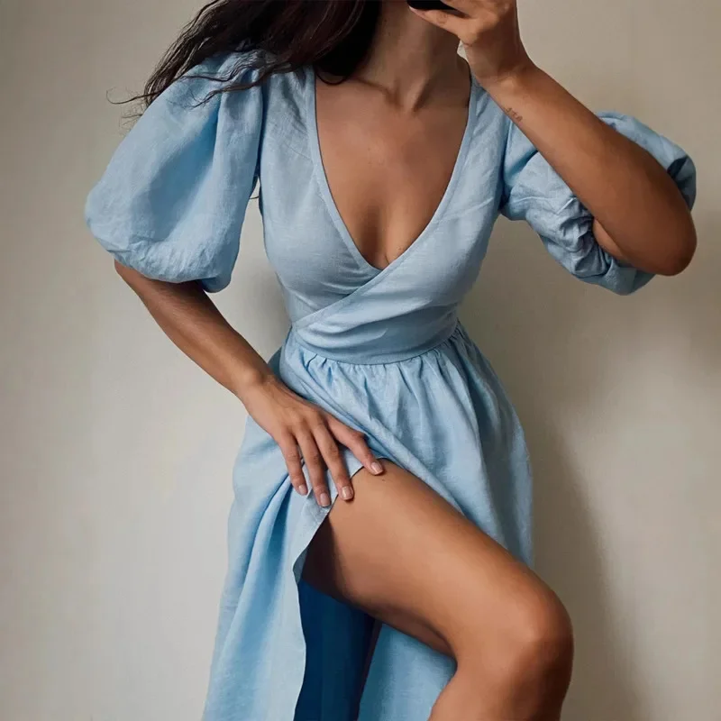 Elegant 100% Cotton Belted Mid-Sleeve Maxi Dress Spring Summer New Puff Sleeve Cocktail Dress Fashion Women's Evening Dress