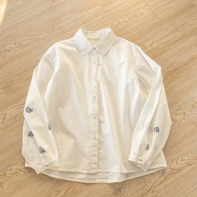 

Women's Embroidered Sleeve White Shirt Casual Long Sleeve Button Down Loose Fit Blouse