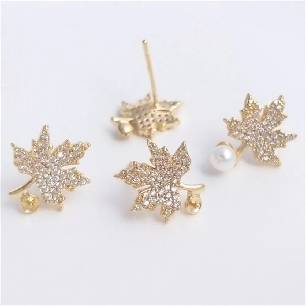 

Micro Inlaid Zircon 14K Gold Wrapped Half Hole Bead Holder Maple Leaf Earrings 925 Silver Needles DIY Handmade Pearl Earrings