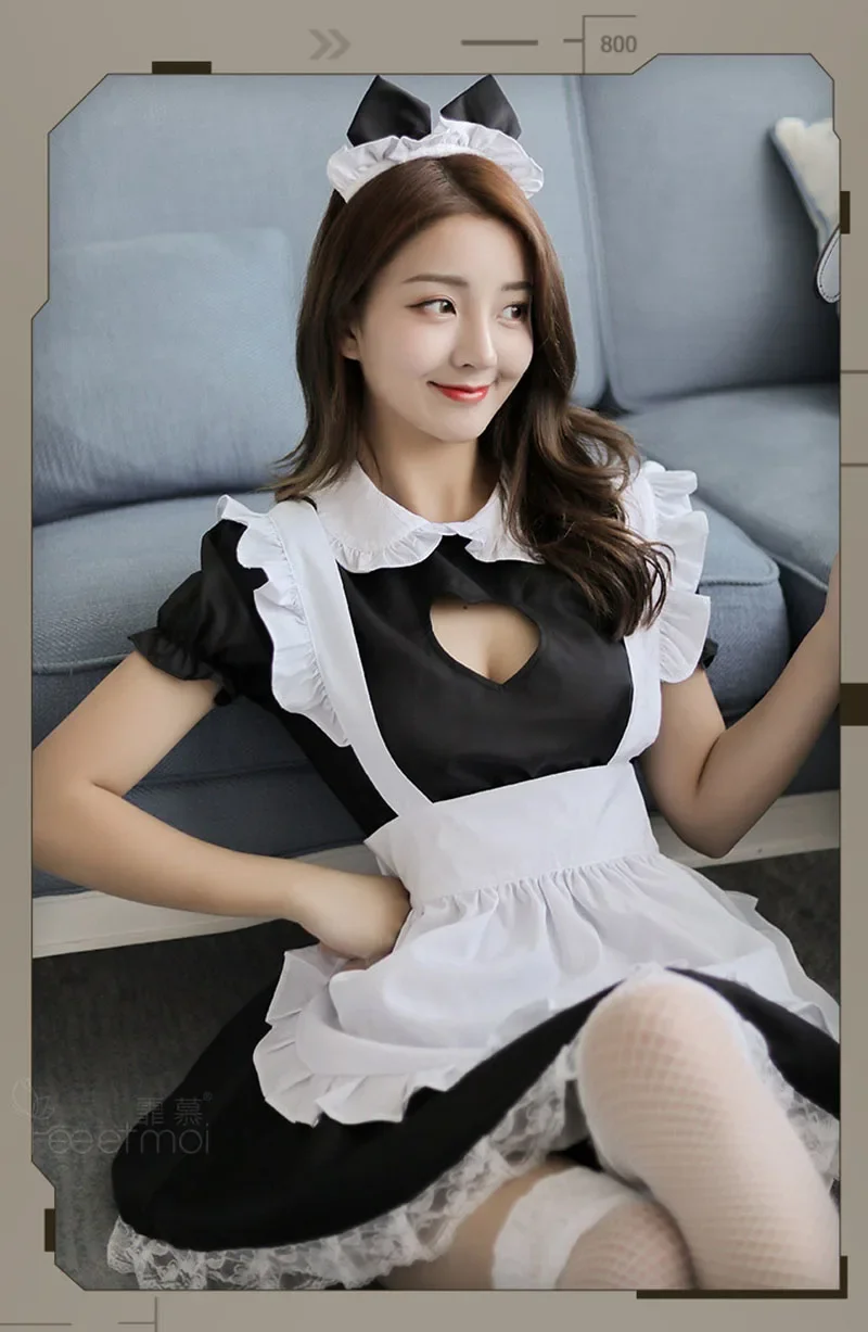 Buste ouvert femme de chambre Costumes Sexy Lingerie Cosplay, tenue Kitty, tablier en coton, dentelle, tentation Mini robe pour femme, Anime Black Lolita