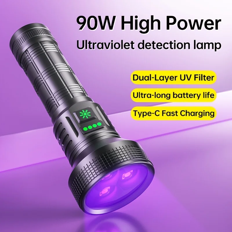 90W Triple-Core 365Nm Led Uv Flashlight, Strong Black Light Lamp, USB Rechargeable Uv Spotlight, Suitable for Resin Nail Curing, Beauty Applications, Detecting Banknotes, Minerals, Scorpions, Fluorescent Detectors, Pet Stains, Cat Scratches, Skin Lesions, Invisible Ink Pens, and Ultraviolet Detection Lights