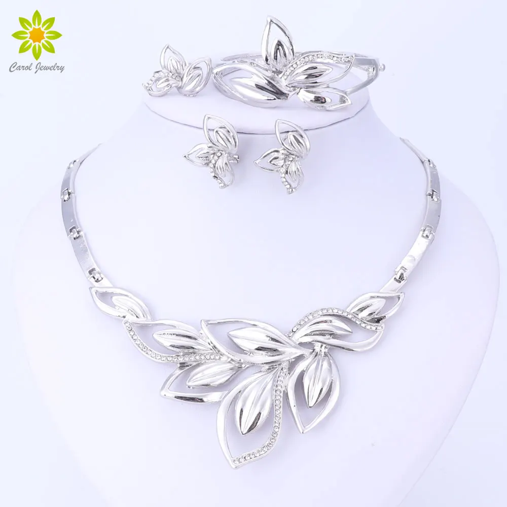 Latest New African Costume Jewelry Sets Silver Color Leaves Shape Necklace Set Wedding Elegant Costume Jewelry Set