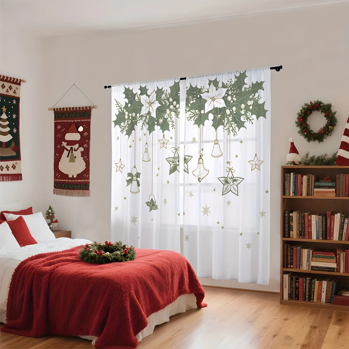 2PCS Christmas Sheer Curtains, Green Holly Leaf Gold Bell Star, Digital Print, Bedroom Living Room, Rod Pocket, Home Decor