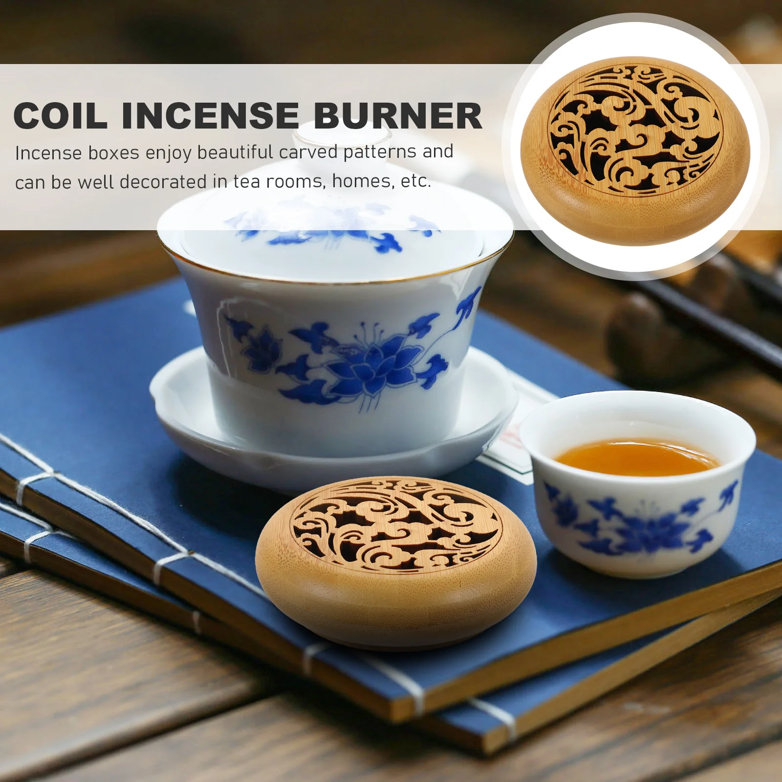 

Bamboo Round Coil Incense Burner Hollow Carved Aromatherapy Censer Desktop Decorative Holder Coil Incense Burner