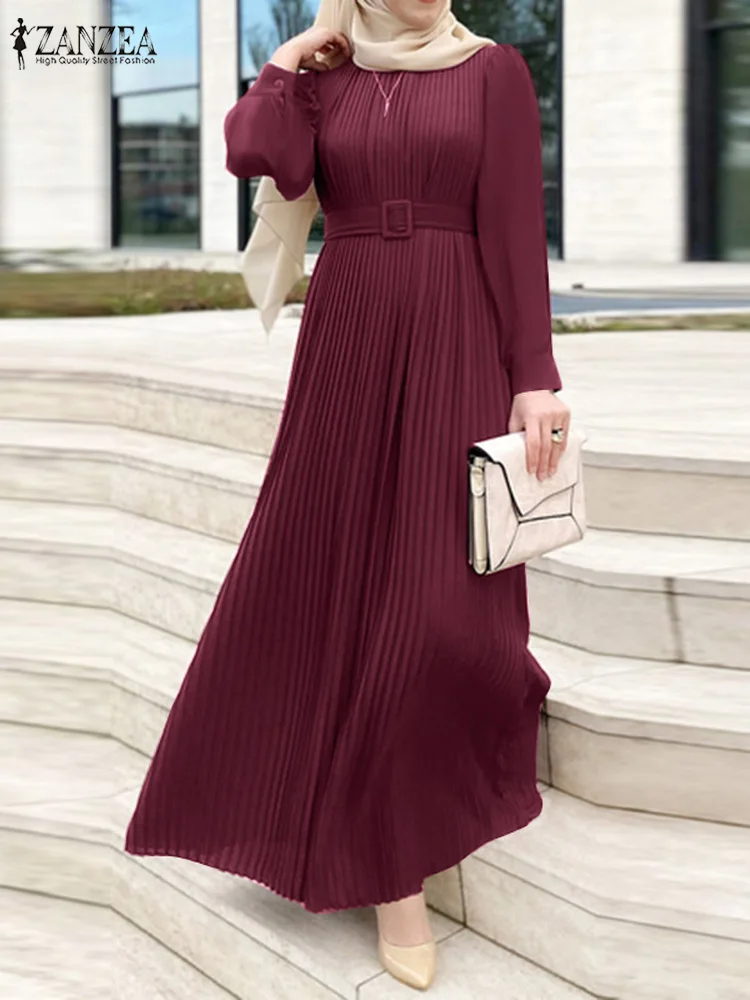 ZANZEA Fashion Long Sleeve Party Sundress Elegant Women Muslim Dress Abaya Solid Pleated Vestidos Belted Robe IsIamic Clothing