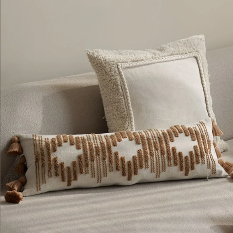 Wabi-Sabi Tufted Pillow Cover Set | Textured Striped & Fringe Trim Cushion Cases | Neutral Tone Minimalist Sofa Bedroom Decor