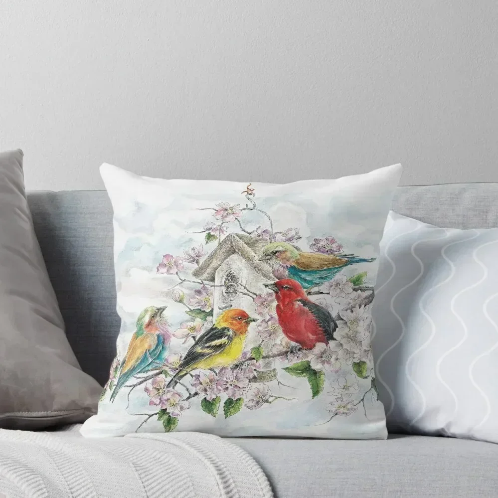 Painted Buntings and a Tanager Enjoying the Spring Flowers Throw Pillow Sofa Covers Christmas Pillow Covers pillow