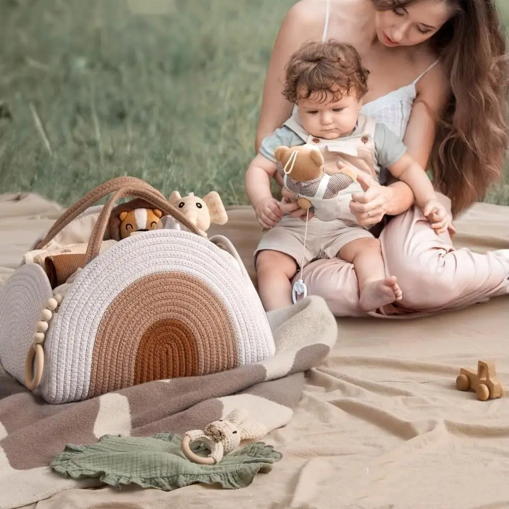 

Multifunctional Baby Diaper Bag Large Capacity Folding Mommy Handbag Cotton Rope with Handle Woven Basket Travel Tote
