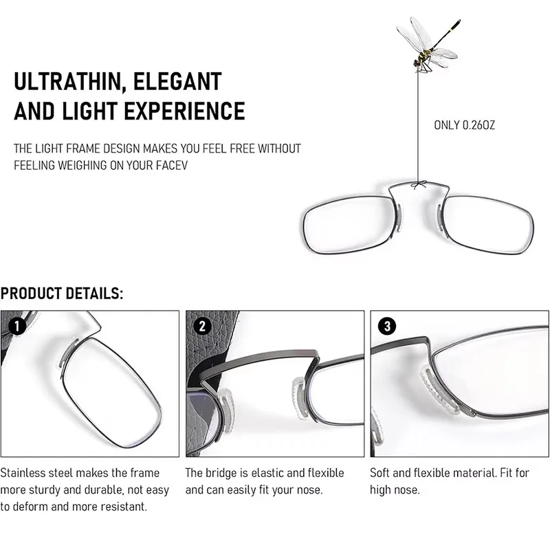 Mini Ultra-thin Legless Nose Clip Reading Glasses Men Women Small Portable Ultra-light Case Nose Clip Presbyopic Readers 1.0-3.0