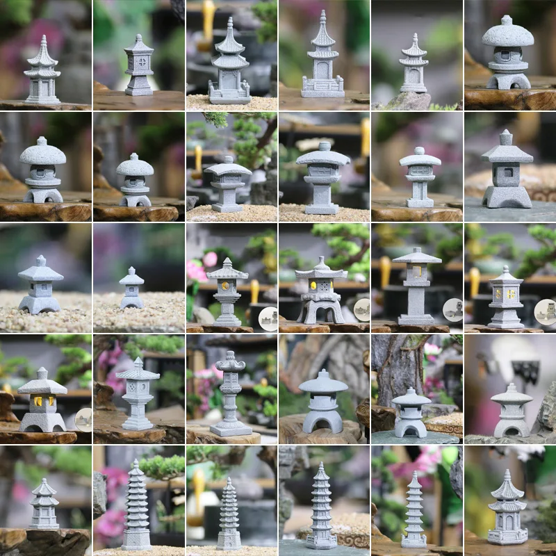 Vintage Zen Miniature Sand Stone Tower Pavilion Ornaments Lantern Figurines Japanese Garden Bonsai Rockery Lanscaping Home Decor
