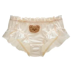 Women Cute Lovely Sweety Japanese Style Lolita Panties Bear Embroidery Soft Ruffles Underwear