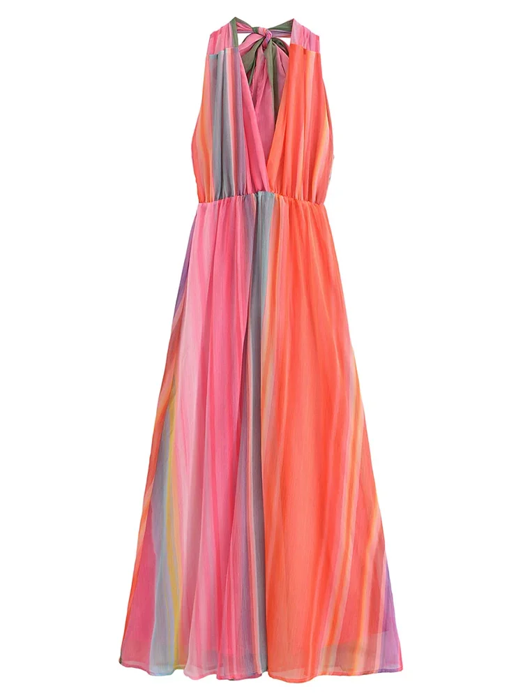 Elegant Women Colorful Striped Halter Dress 2024 Sexy Sleeveless Backless High Wasit Maxi Dresses Chic Beach Robes