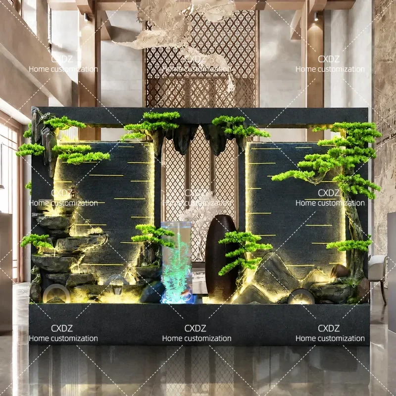 Double Sided Water Curtain Wall Fountain with Rockery Circulating Flowing Water Feature for Living Room Entrance Partition