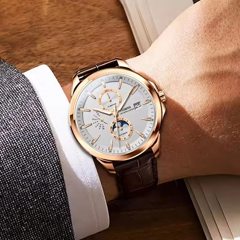 LOBINNI Designer Männer Automatische Mechanische Uhren Mondphase Datum Woche Männer Armbanduhr Wasserdicht Saphirglas Uhren