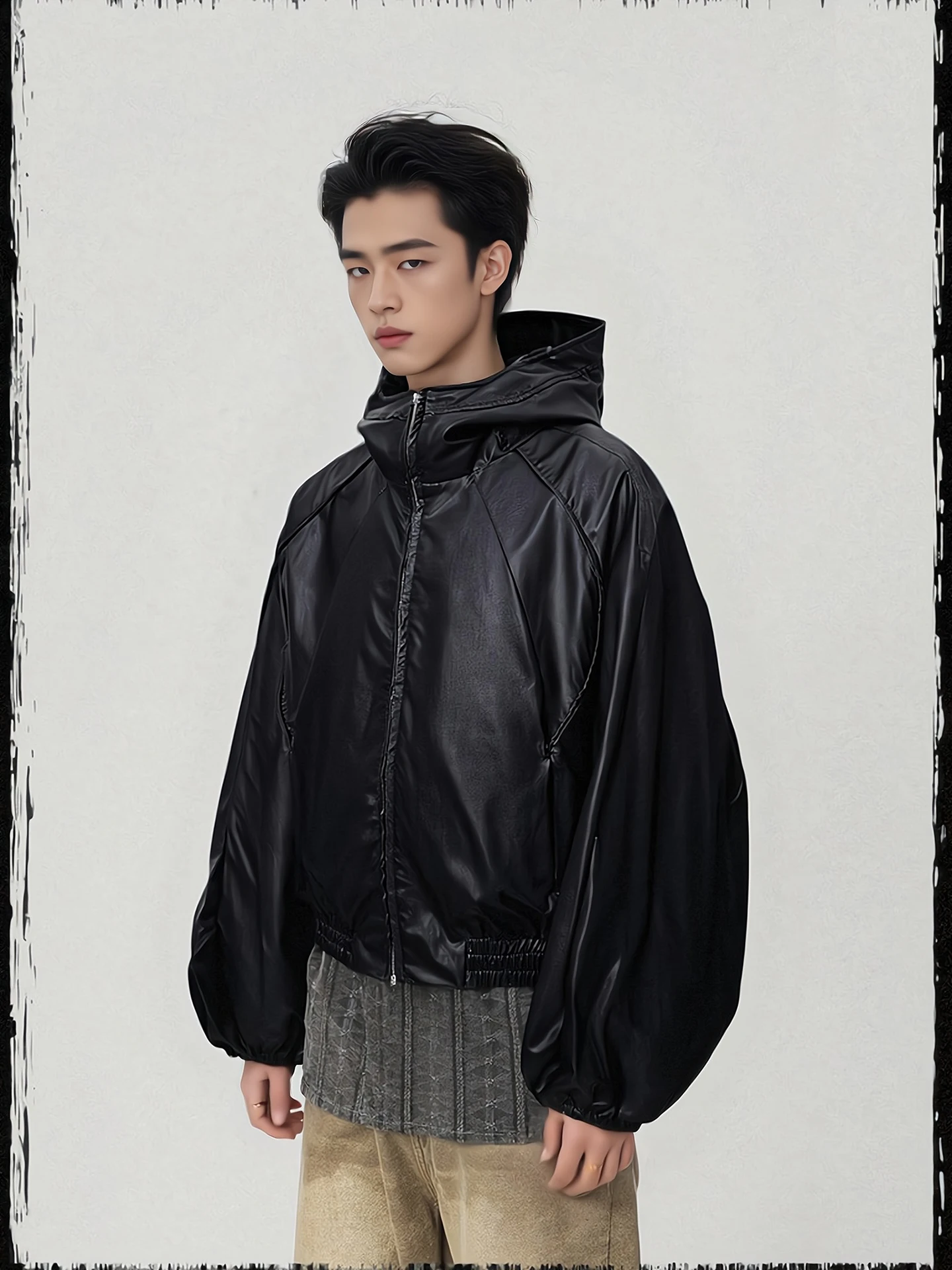 

MADN RAIN American Sle Hooded PU Leather Jaet Loose Fit Bla Splicing Coat for Men And Women Youthful Casual Outerwear