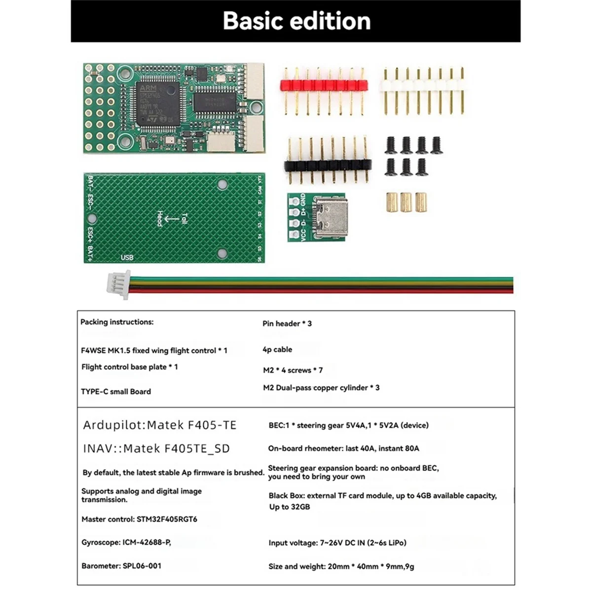 BABQ F4WSE MK1.5 Controlador de vuelo de ala fija 2-6S Soporte Analógico/Digital VTX Ardupilot/INAV Firmware para avión RC FPV