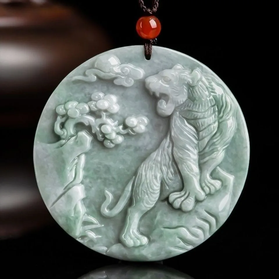 Natural Myanmar Jadeite Chinese Zodiac Tiger Pendant Necklace Men Women Fine Jewelry Grade A Burma Jade Tiger Charm Lucky Amulet