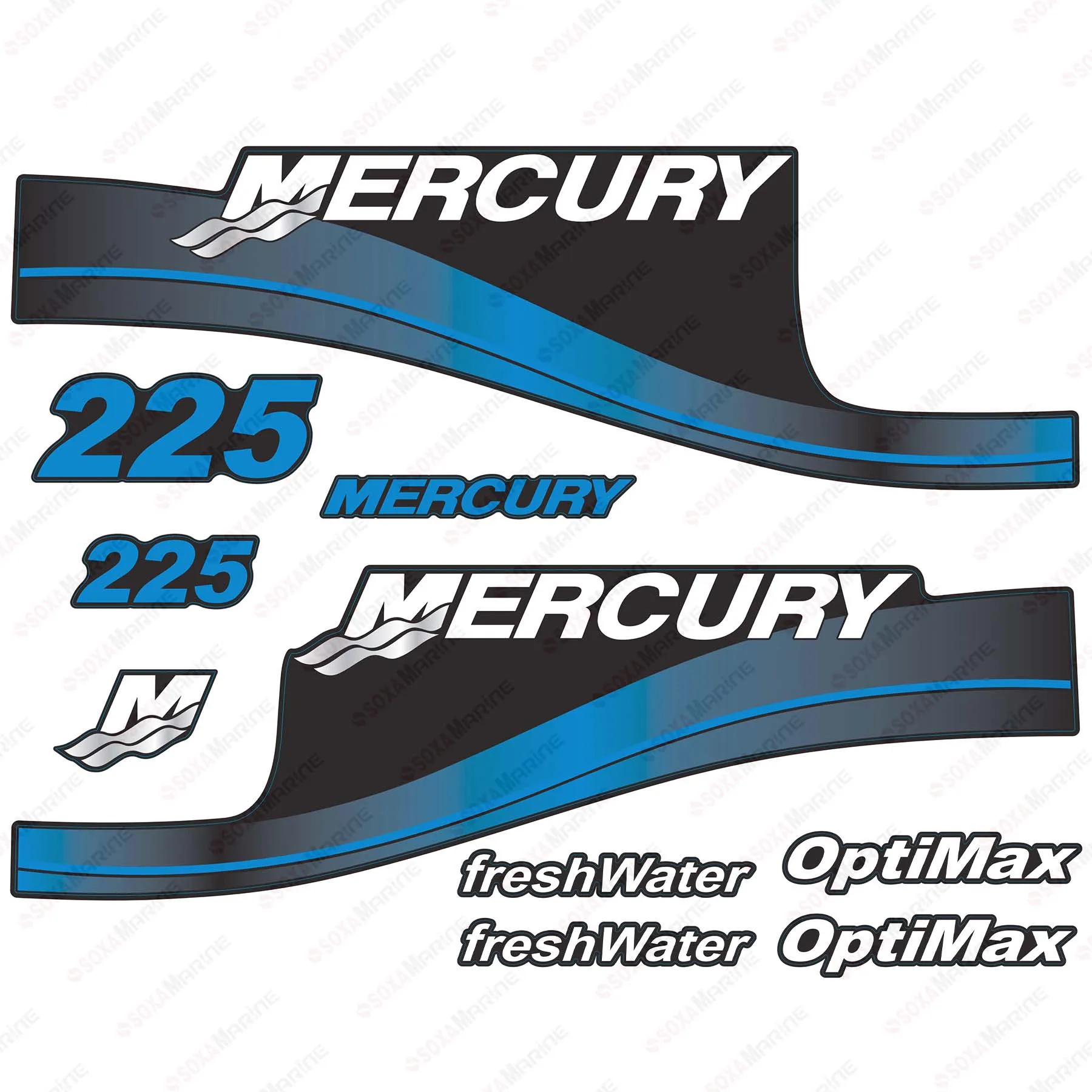 Blue Decal Kit Sticker Set for Mercury 225 HP OptiMax FreshWater Outboard Engine Reproduction 225hp OptiMax freshWater