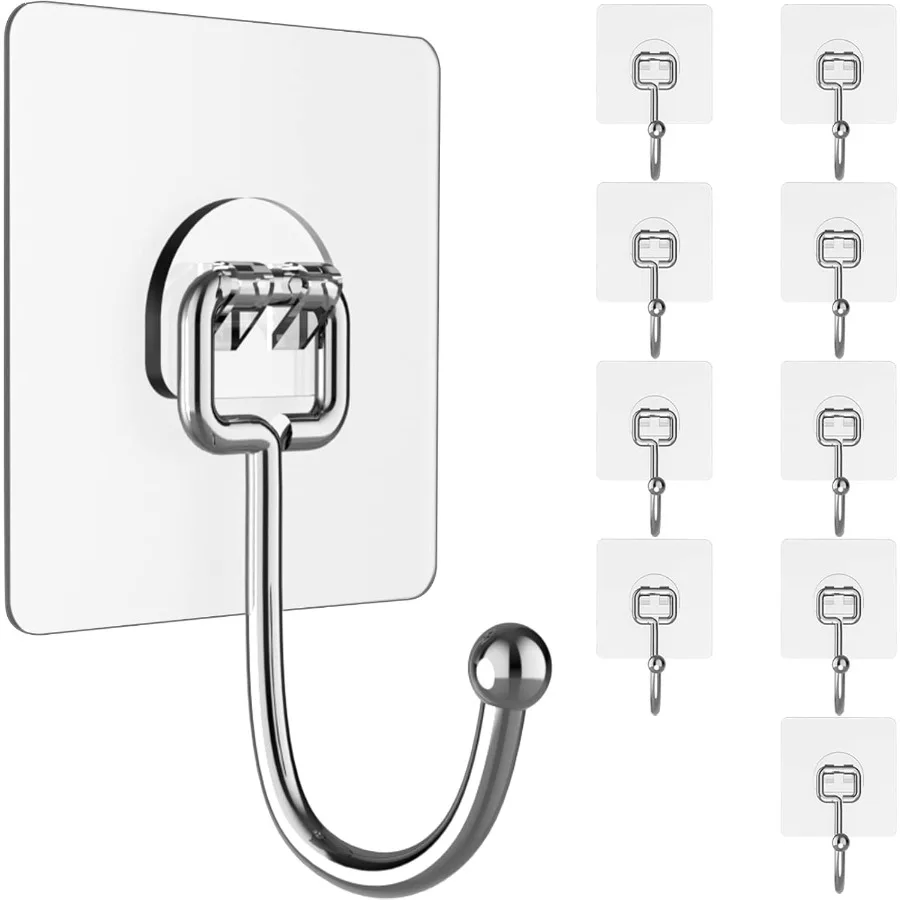 

Large Hooks for Hanging HeavyDuty 44Ib Max 10 Packs Wall Hangers Without Nails SelfAdhesive Traceless Clear and Removable Water