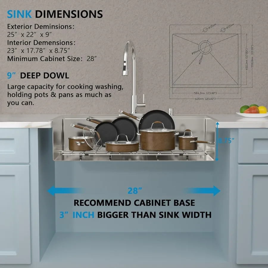 حوض مطبخ مقاس 25 بوصة × 22 بوصة لغرف أدوات الغسيل RV - سطح متين بمقياس 16 304 من الفولاذ المقاوم للصدأ