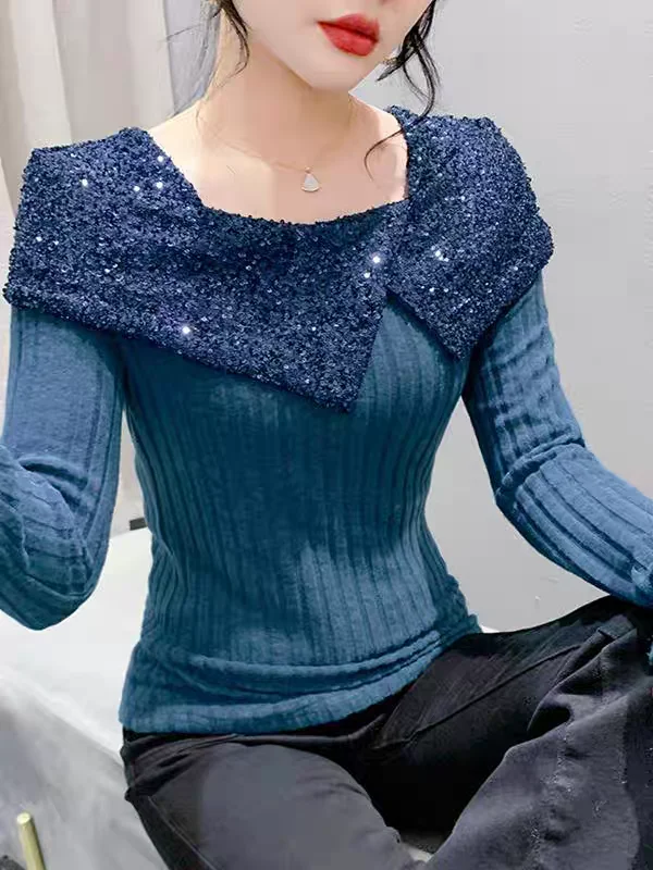 Fashion T Shirts Female Slim Tops New Long Sleeve Spliced Sequined Irregular Round Collar T-shirt Spring Autumn