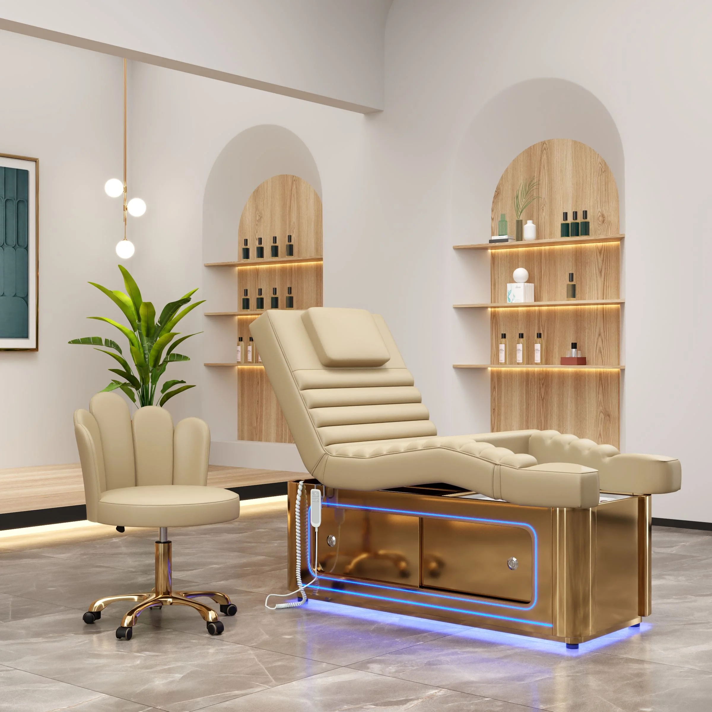 

Newest Design LED Foot Spa Facial Bed Creamy Yellow Leather Beauty for Salon Beauty Facial Spa Massage Pedicure Beds