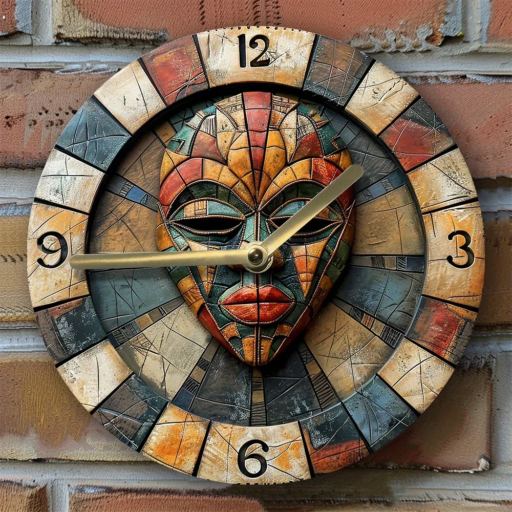 Silent Aluminum Wall Clock With African Mask Design - Perfect For Home & Office Decor, Ideal Father'S Day Or Thanksgiving Gift