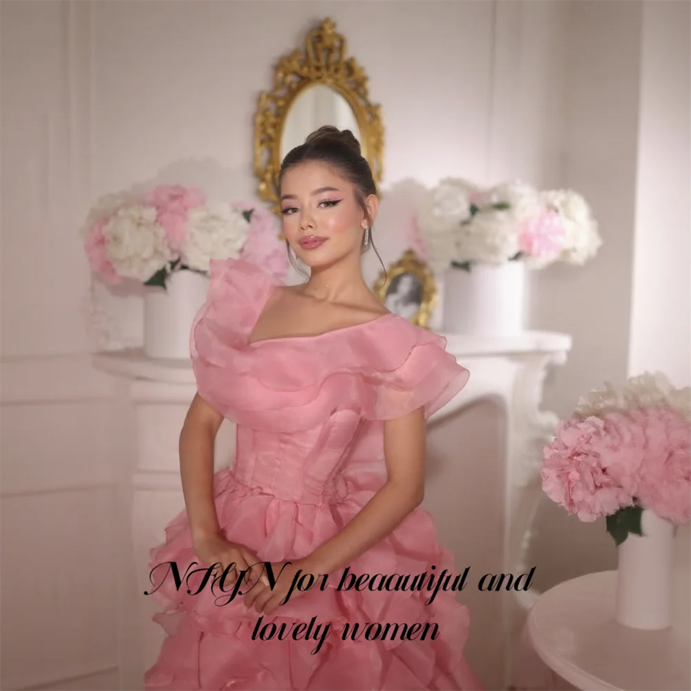 

NFYN Розовое сказочное вечернее платье трапециевидной формы для выпускного вечера с многослойными оборками Вечернее платье для арабских женщин robes de soir на заказ