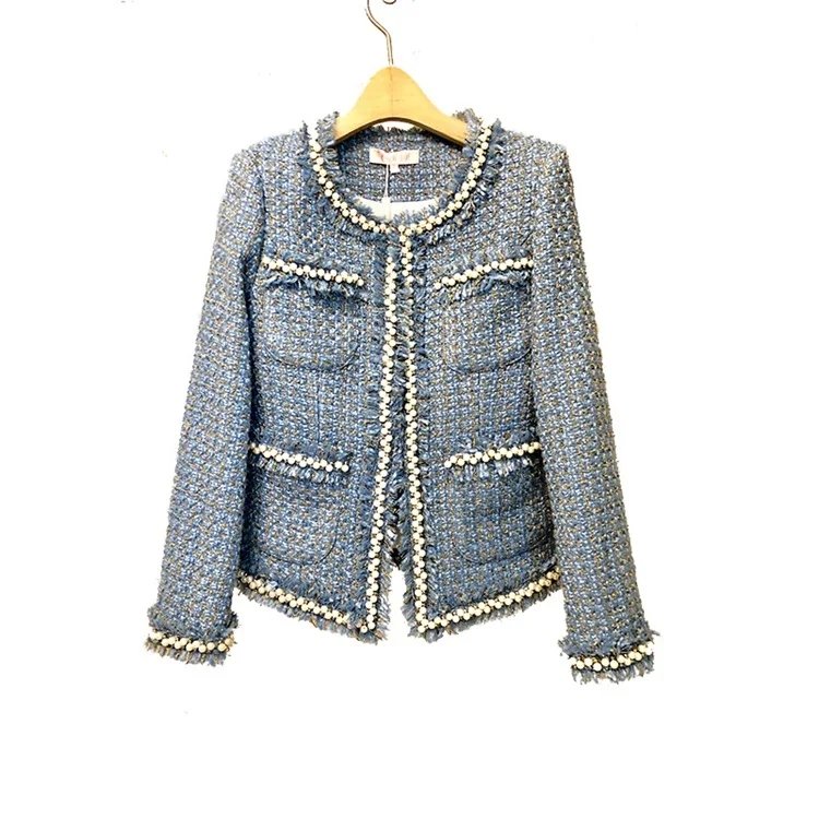 Sky blue tweed women jacket Hand-made beads spring / autumn / winter woolen coat new Wool classic jacket Ladies