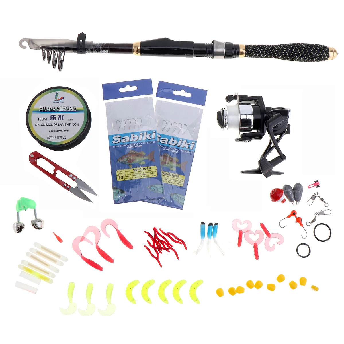 

56pcs 1.8m Fishing Rod and 500 Reel Combination Fishing Set with Various Baits and Accessories for Saltwate Freshwater Fishing