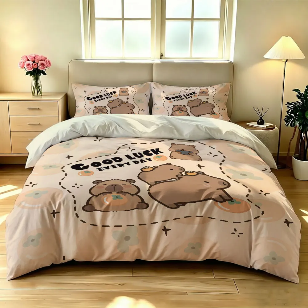 3pcs Capybara Good Luck Print Duvet Cover Set Cute Animal Soft Microfiber Bedding Set with Pillowcases Bedroom Decor
