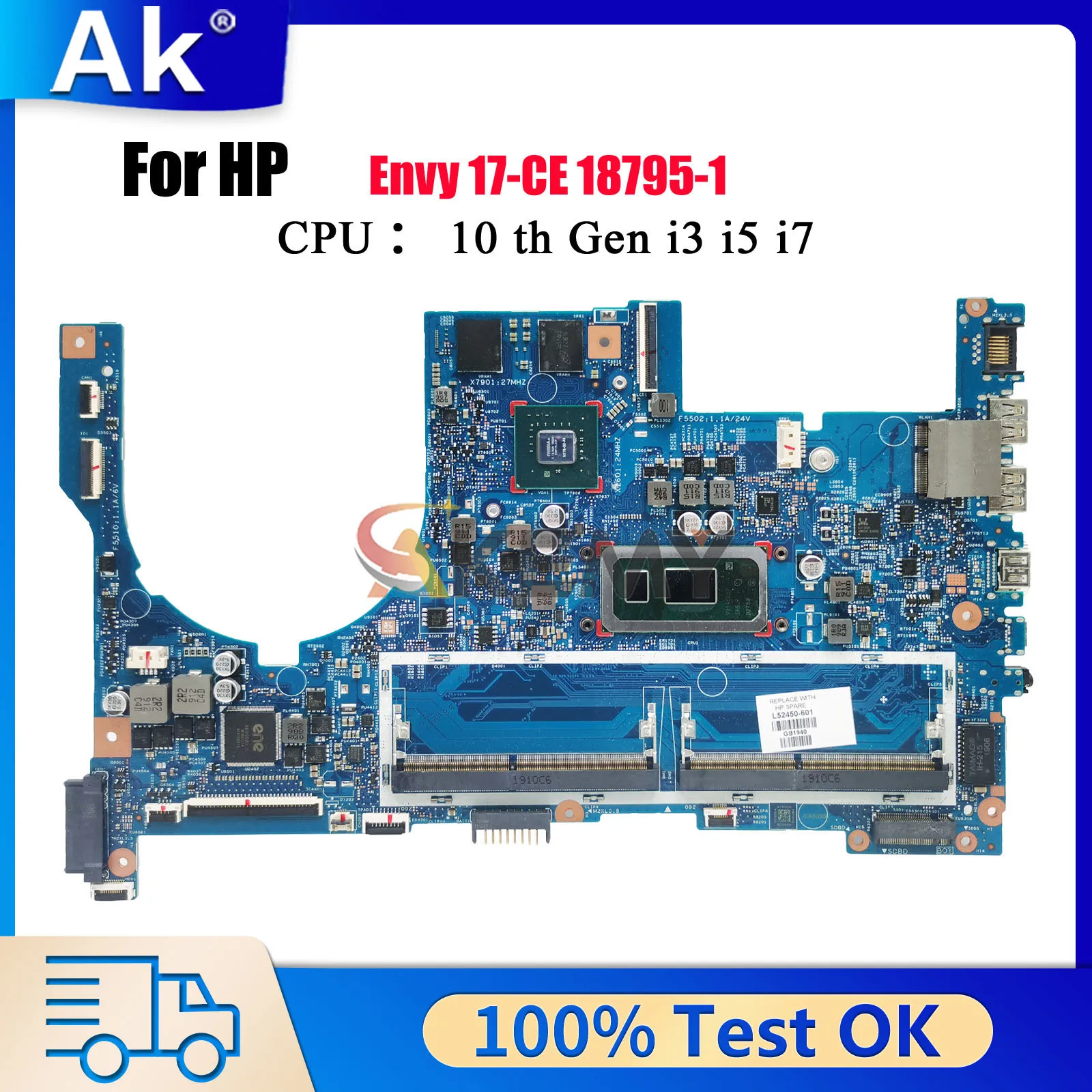 

For HP Envy 17-CE 17M-CE Laptop Motherboard 18795-1 L52449-601 L52450-601 With i5 i7 8th 10th Gen MX250 GPU 100% Fully Tested