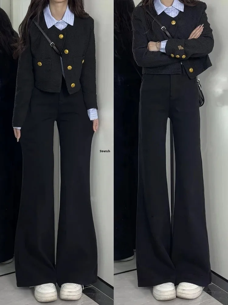 กางเกงยีนส์ทรงกระดิ่งเอวสูง ผู้หญิง ทรงหลวม ยืดหยุ่น ผ้าเดนิมสีดำ รุ่นใหม่สำหรับฤดูใบไม้ร่วง ไซส์ใหญ่ ขากว้าง