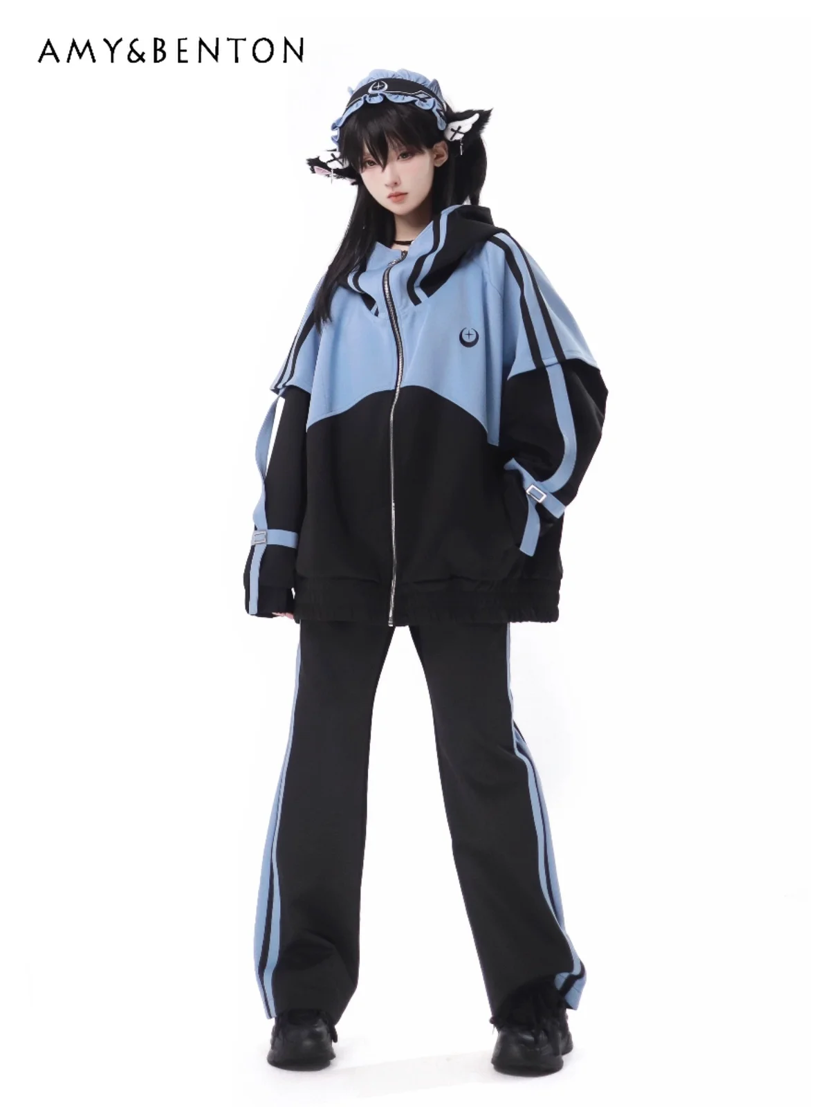 Harajuku Mine Mass-Produced Short Sets Japanese Street Gothic Oversized Hooded Jacket Coat Wide Leg Pants Two-Piece Sets Women