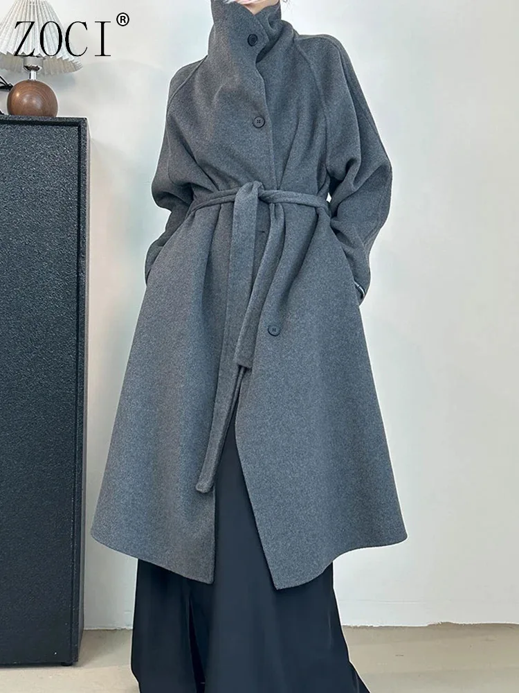 

ZOCI Irregular Design Wool Coats Women's Turtleneck Belt Gathered Waist Thick Warm Long Outwear 2024 Winter New FC1184