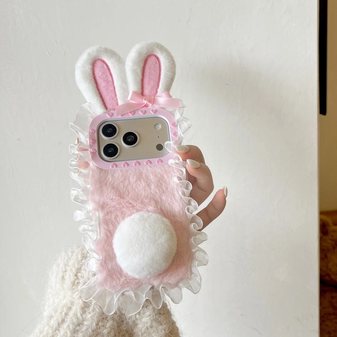 

3D Lace Bunny Ears Plush Phone Cases For iPhone 1716 14 15 13 12 Pro Max Fur Fluffy Camera Lens Protection Cover