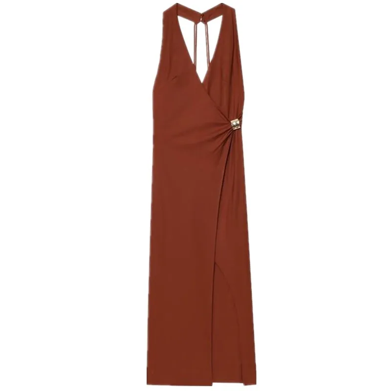 여름 신상 여성 미디 드레스 골드 장식 안감 린넨 혼방 금빛 반짝임 패셔너블 슬리브리스 가운