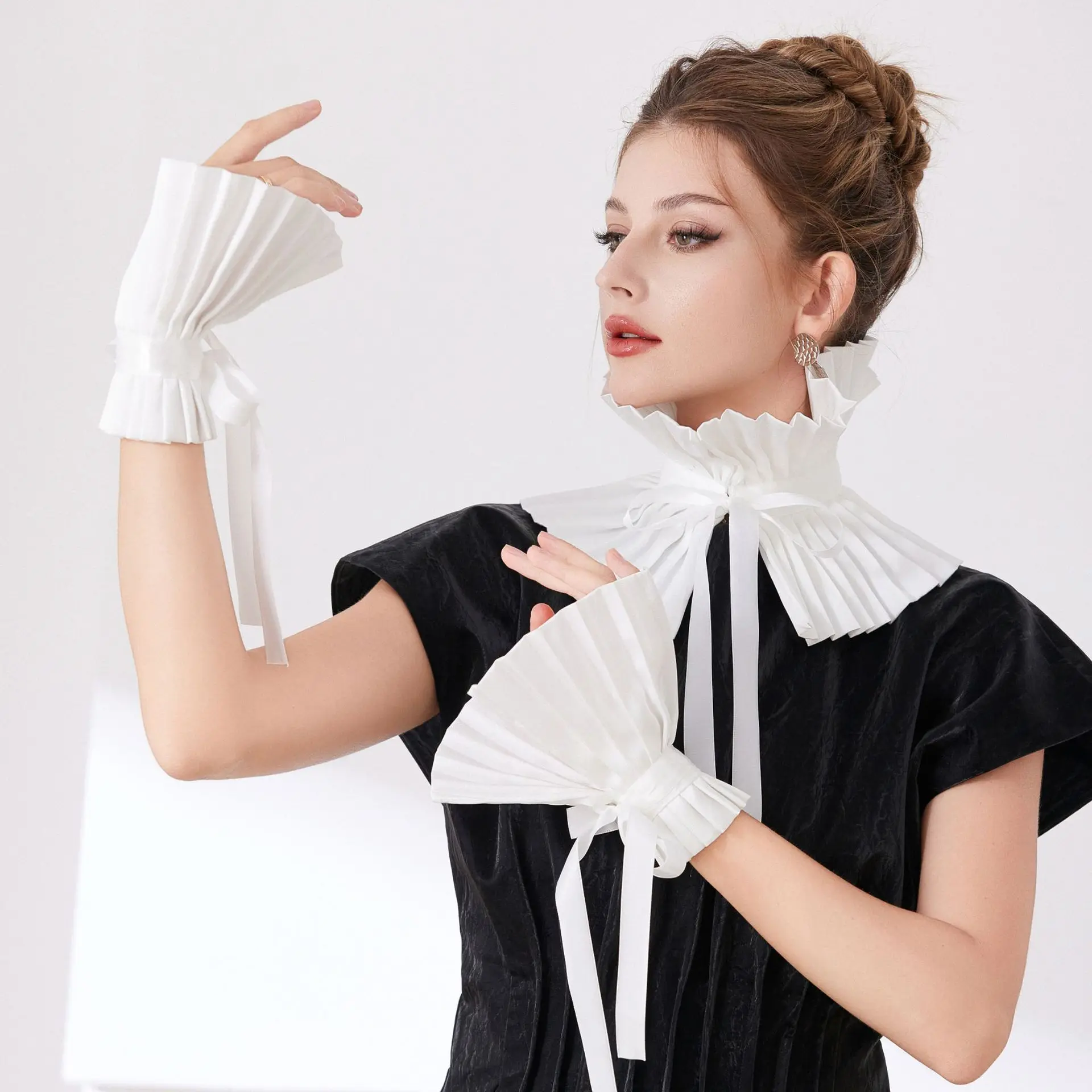 

Плиссированные манжеты с шалью и воротником и лентой, готические винтажные искусственные рукава с лацканами, легкий теплый галстук, женская одежда, аксессуары